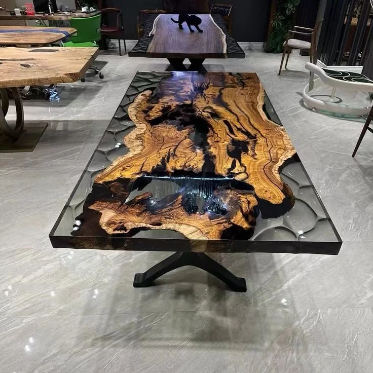 High Quality Fashion Luxury Solid Walnut Wood Restaurant Cafe Rectangular Coffee River Kitchen Epoxy Resin Slab Dining Table