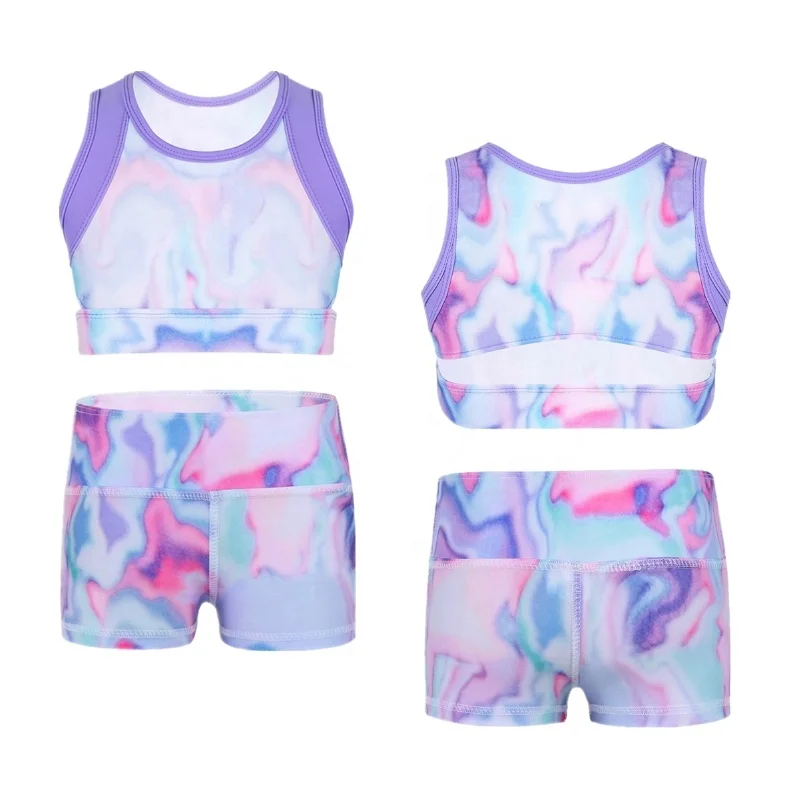  Kids Girls Colorful Stretchy Sleeveless Tanks Crop Top And High Waist Dance Shorts Bottoms Sports Gymnastic ballroom