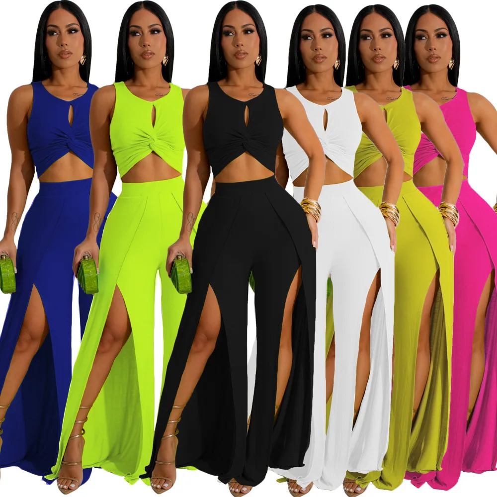GX468 Fashion Boutique Ladies Street Wear Women Elegant Sleeveless Hollow Out Cropped Top and Split Sexy Pant 2 Piece Set