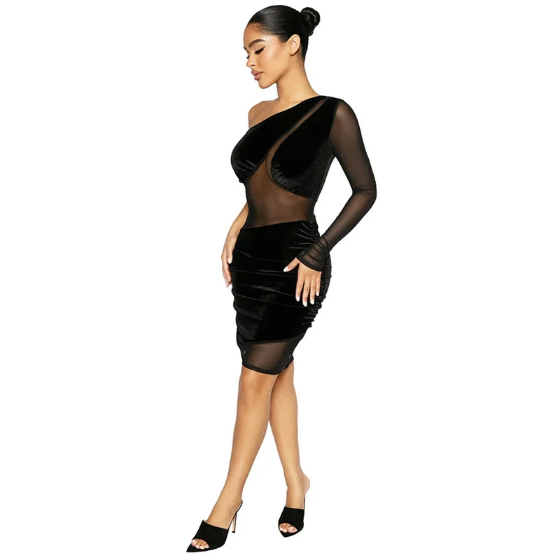 Spring One Shoulder Long Sleeve Dress Mini Dress Sexy See Through Mesh Velvet Black Plain Dress Ladies