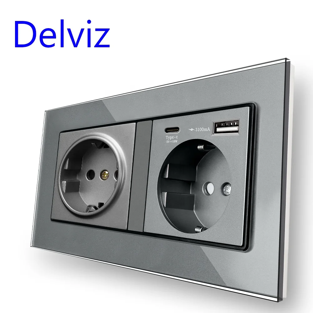 Delviz EU Standard Electric plug Wall Socket, 1A 1C Crystal glass panel, 5V 2A usb power port, 18W type C Quick charge Outlet