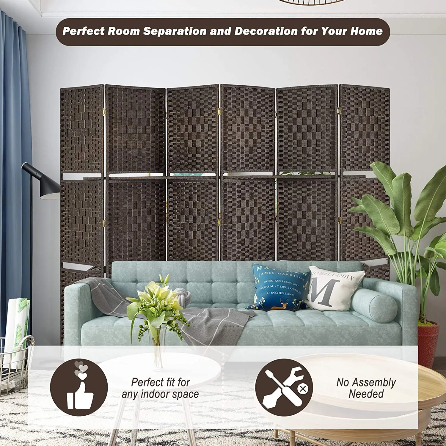 6 ft Tall Diamond Room Divider Folding Privacy Screens Partition Wall with 2 Display Shelves