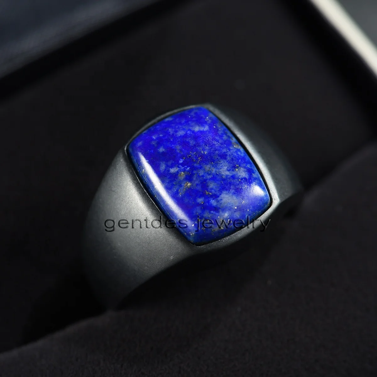 Gentdes Jewelry Stainless Steel Mens Engraved Signet Ring Custom Stamp Ring Inlay Lapis Stone Fine Jewelry For Dad Mens Gifts