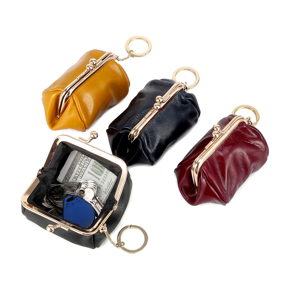 Fashion High Quality Vintage Coin Purse Genuine Oil Leather With Metal Clasp Earphone Keychain Storage Bag