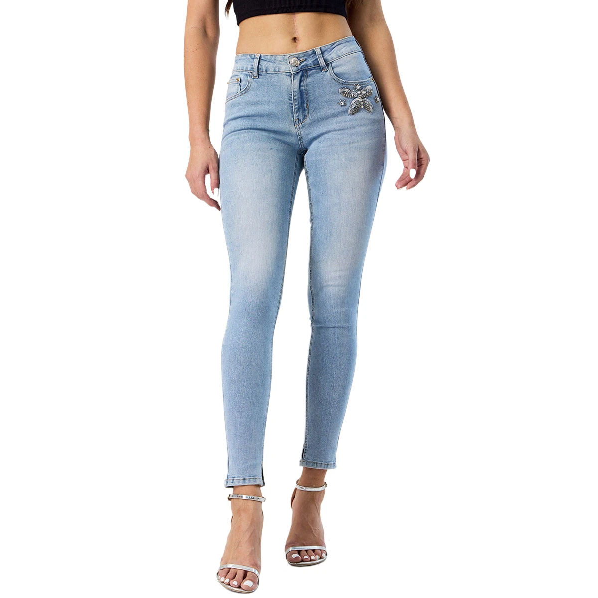 Stud Diamond Fashion Butterfly Patterns Low Rise Skinny Jeans for Women Ladies Pants