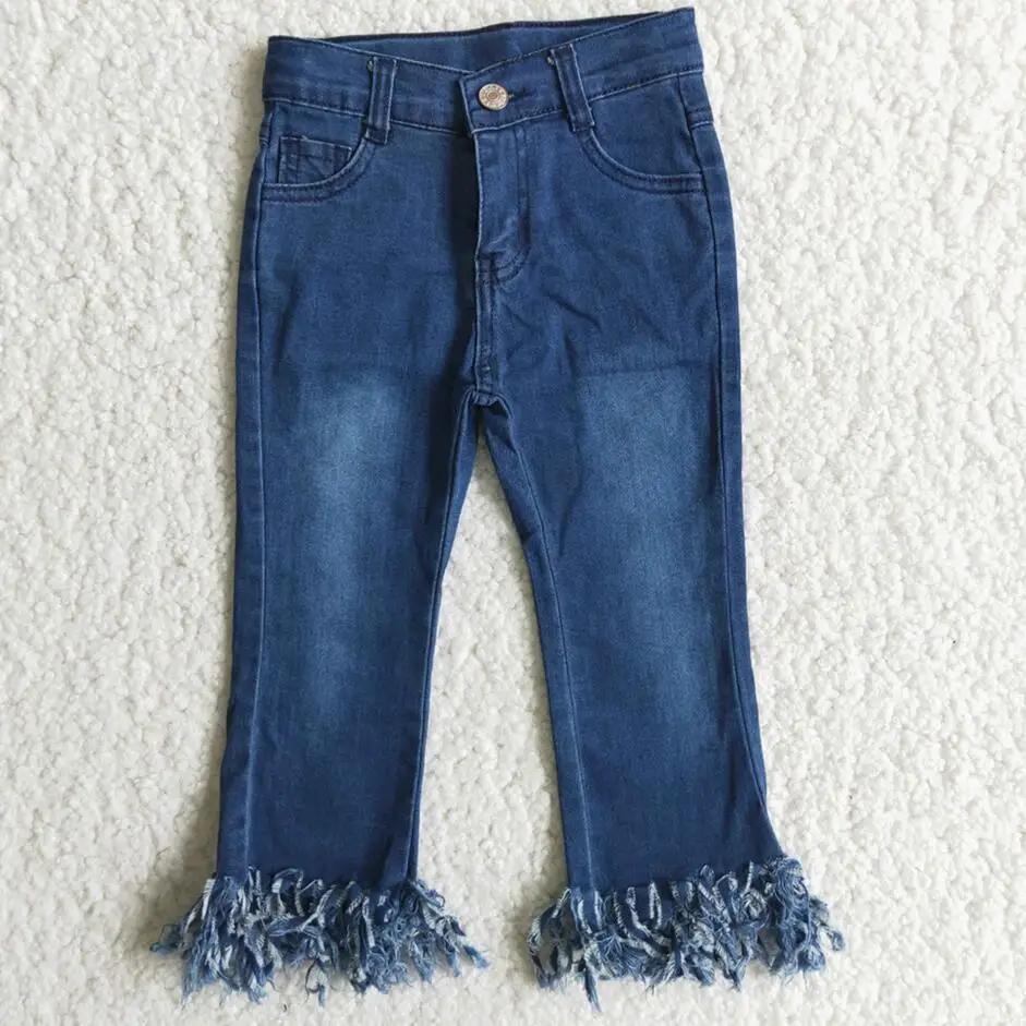 NO MOQ Popular Girls Denim Jeans Wide Leg Flare Trousers Ready To Ship Pants Girls Tassel Waist Leggings Kids Casual Jean pants