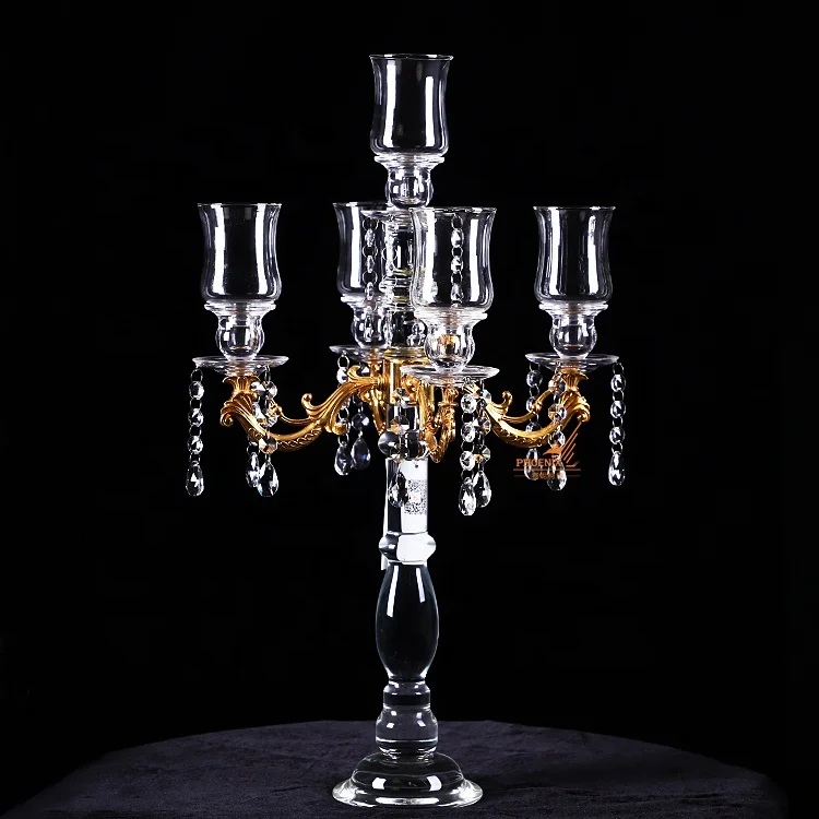 Wholesale classic metal gold arms crystal candle holders glass candelabra 5 lights with chimney for event table decorations