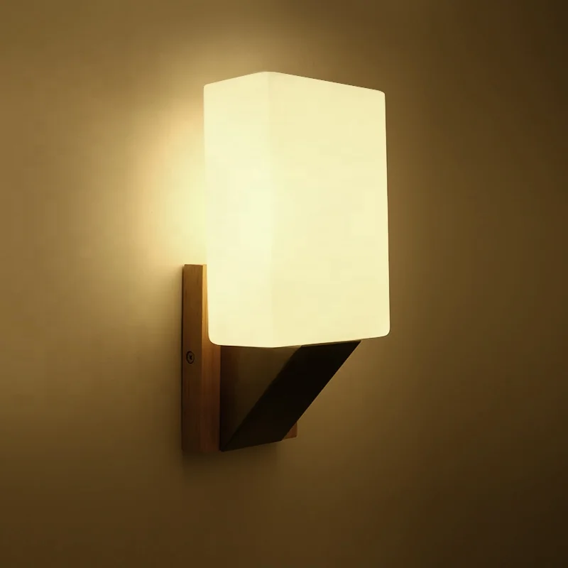 Hot selling Nordic Wall Wood Light Glass Lampshade Corridor Balcony E27 Bedside Led Side Wall Lamps Interior For Home Decor