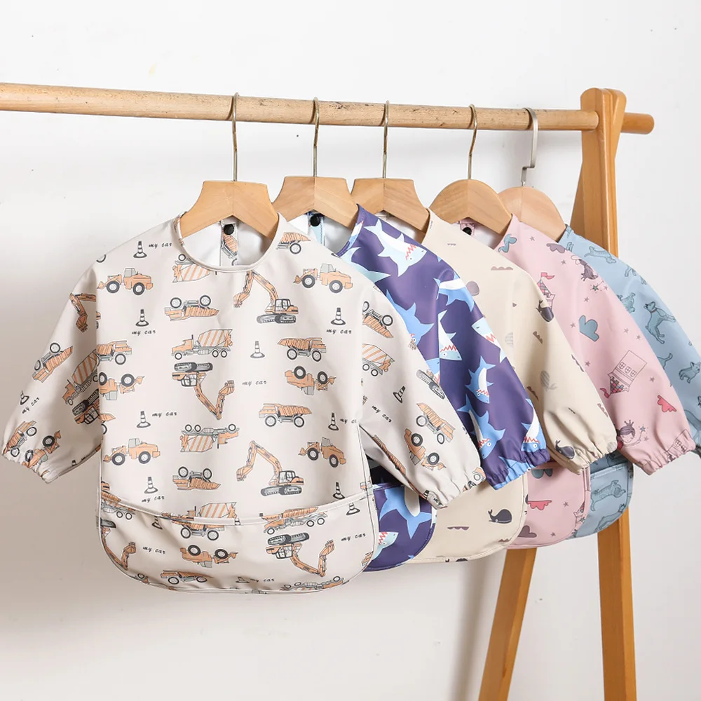 Infant Rice Pocket Feeding Drawing Apron Waterproof Soft Pu Children Accessories Large Bib For Dinner Baby Bibs Long Sleeved