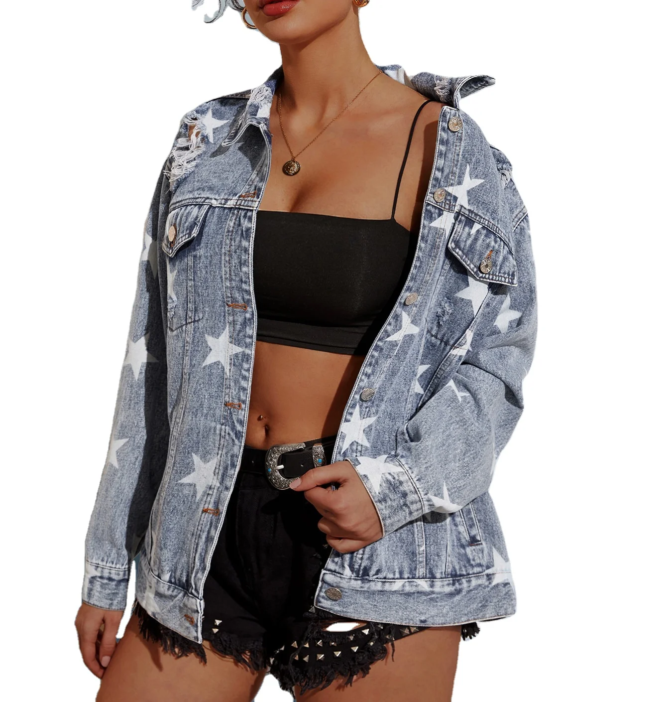 Лидер продаж 2021, Повседневная джинсовая куртка со звездами для дам
