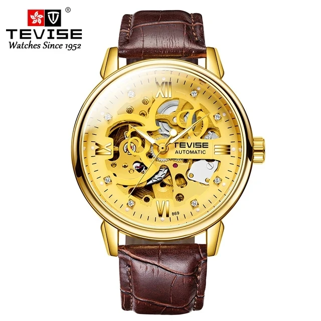 TEVISE T869 Leather Tourbillon Life Waterproof 869 For Men Wristwatch Luminous Hands Semi-automatic Mechanical Movement Watches