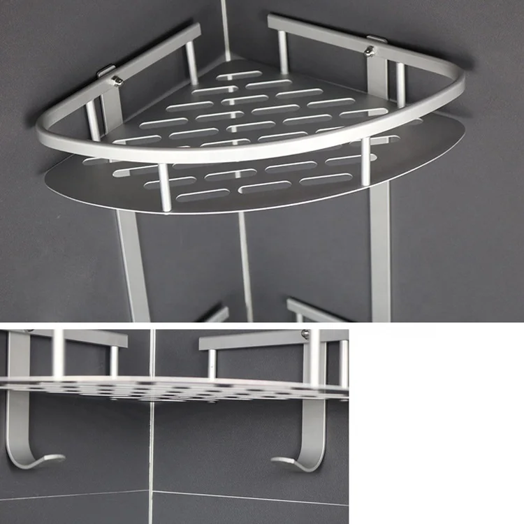 Cheap no drilling wall mounted aluminum shampoo holder bathroom corner 2 tier shelf shower caddy triangle organizer rack