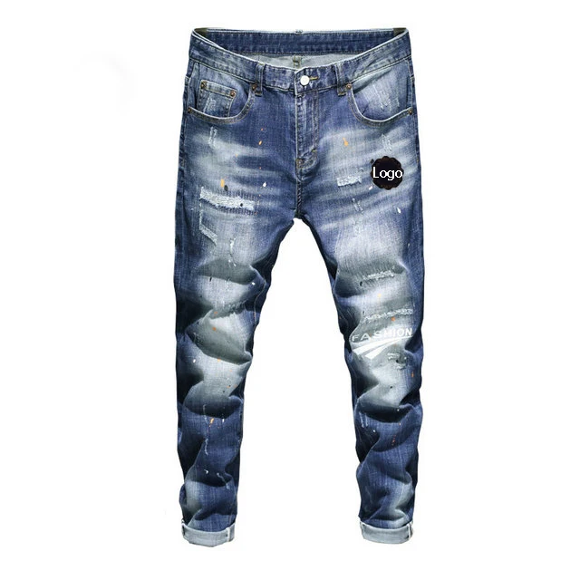Men Blue Jeans Classic Casual Mid Waist Washed Design Long Pants Jeans Hot Sale Elastic Man Male Denim Trousers