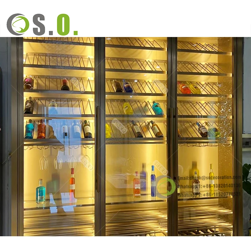 Luxury Whiskey Display Cabinet Liquor Wine Rack Commercial Aluminum Frame Glass Doors Wine Luxury Cabinet With Light