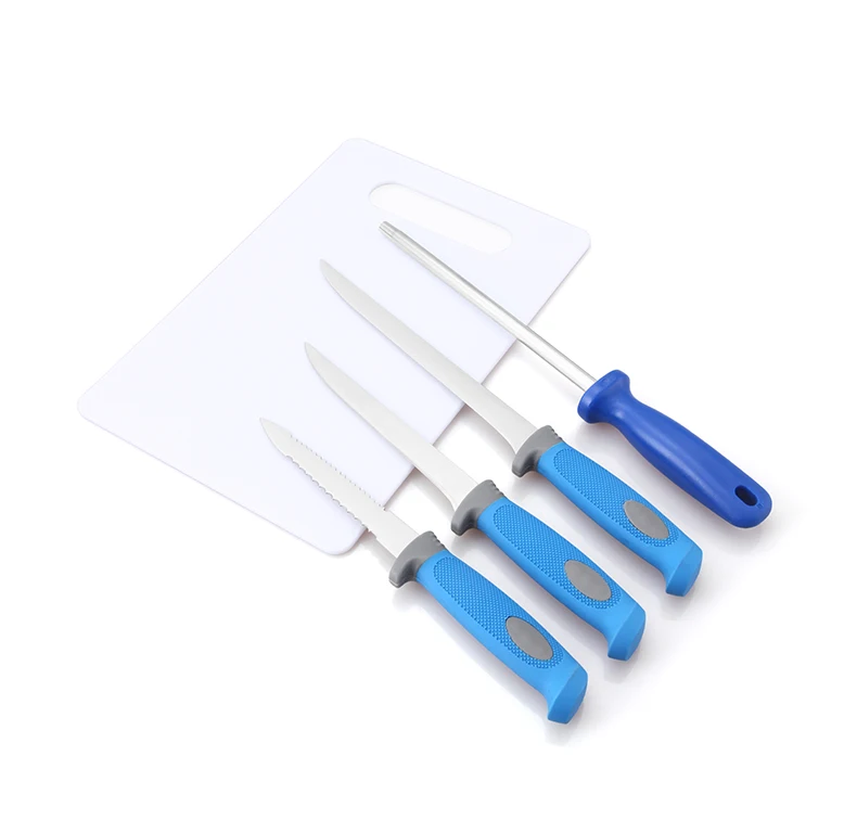 ATISEN Potable Blue 5pcs Knife Set Fishing Fillet Knife Kit with TPR Handle