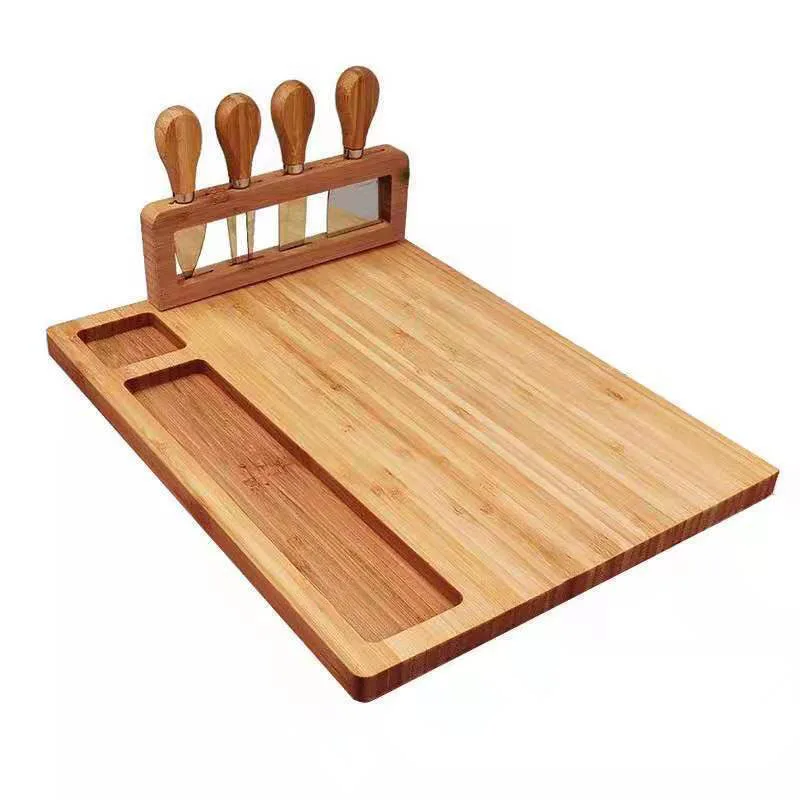 Multifunction 3-in-1 Wooden Bamboo Cheese Board Set Knife and Cutting Tray for Chopping