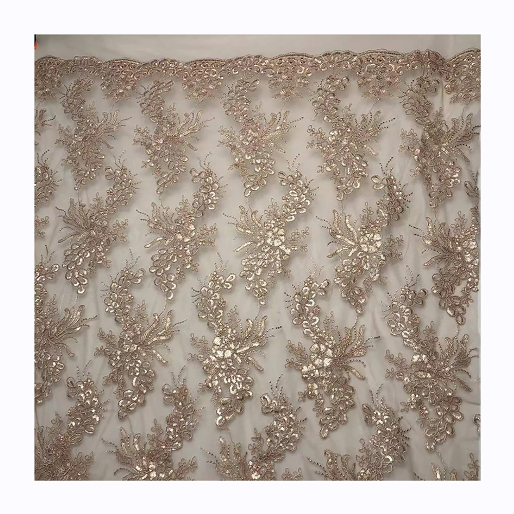High end 3D mesh sequin embroidery fabric for wedding dress, 100% polyester embroidery fabric/