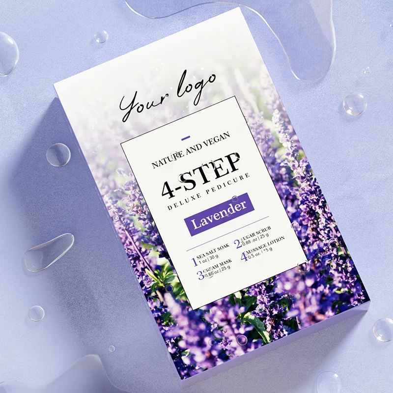 Private Label Oem Odm Lavender Scent Natural Foot Skin Care Set Detox Sea Salt Soak Pedi A Box 4 Step Spa Pedicure Kit