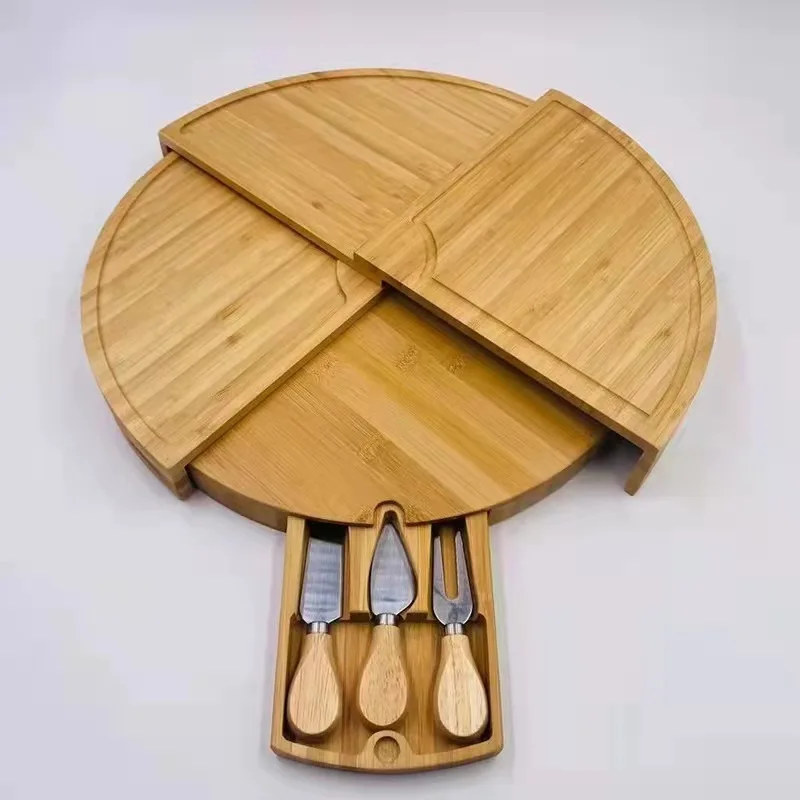 New product  Factory Supplier wood cheese cutting board round bamboo cheese board set wooden cutting board with cheese slicer