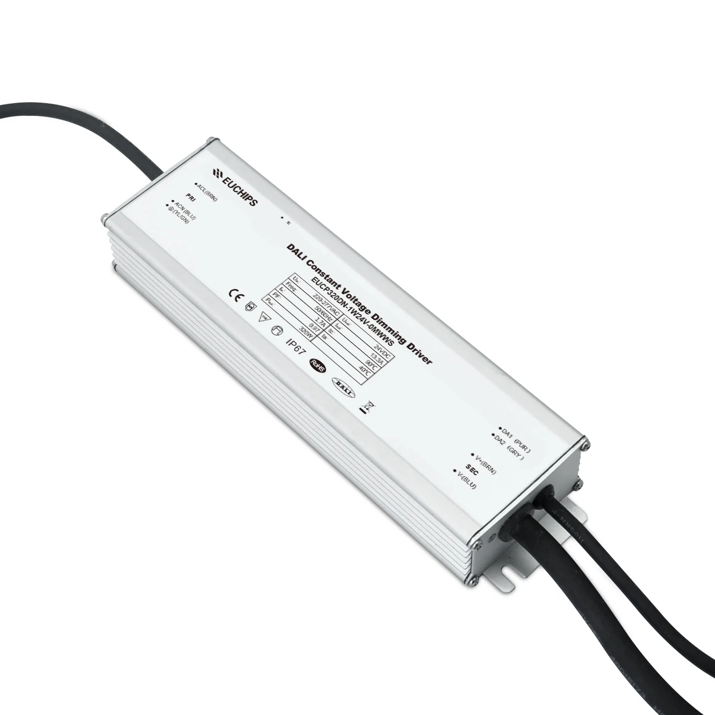 EUCHIPS High Power 320W 24V DC Dimmable LED Driver IP67 Waterproof with Wide Voltage Range 100-277V AC DALI Driver