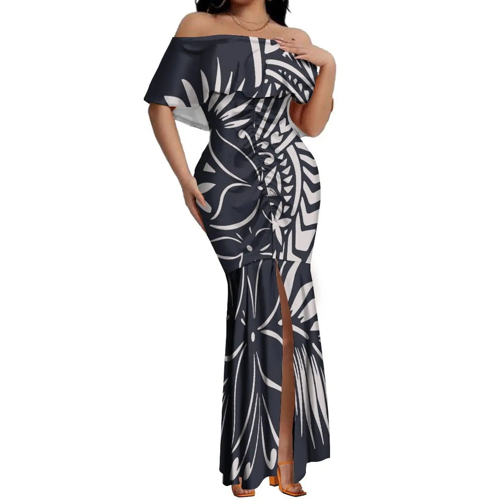Hot Sales Flower Polynesian Tribal Print Off Shoulder Long Close Fitting Evening Dresses Women Lady Elegant Slit Fishtail Dress