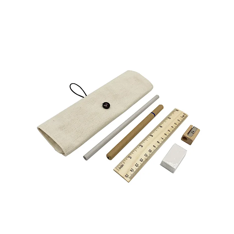 PROMOTIONAL ECO FRIENDLY PORTABLE STATIONERY GIFT SET of COTTON BAG W/ WOOD RULER PENCIL SHARPENER ERASER for BACK to SCHOOL