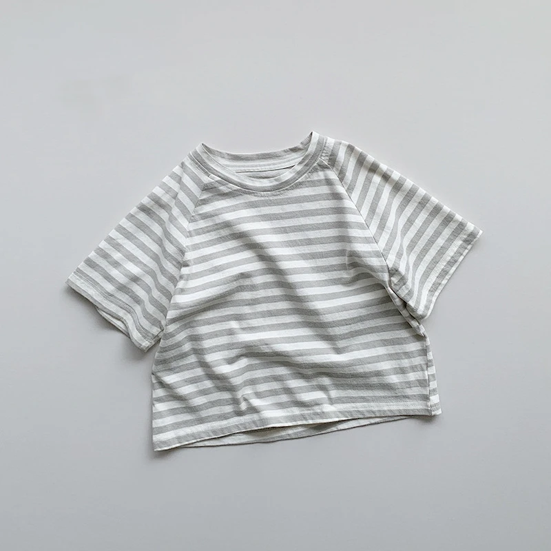 Summer Kids Clothing Macaron Color Children Short Sleeved Striped  New Boys Girls Linen Korean Casual Top Baby T-Shirt