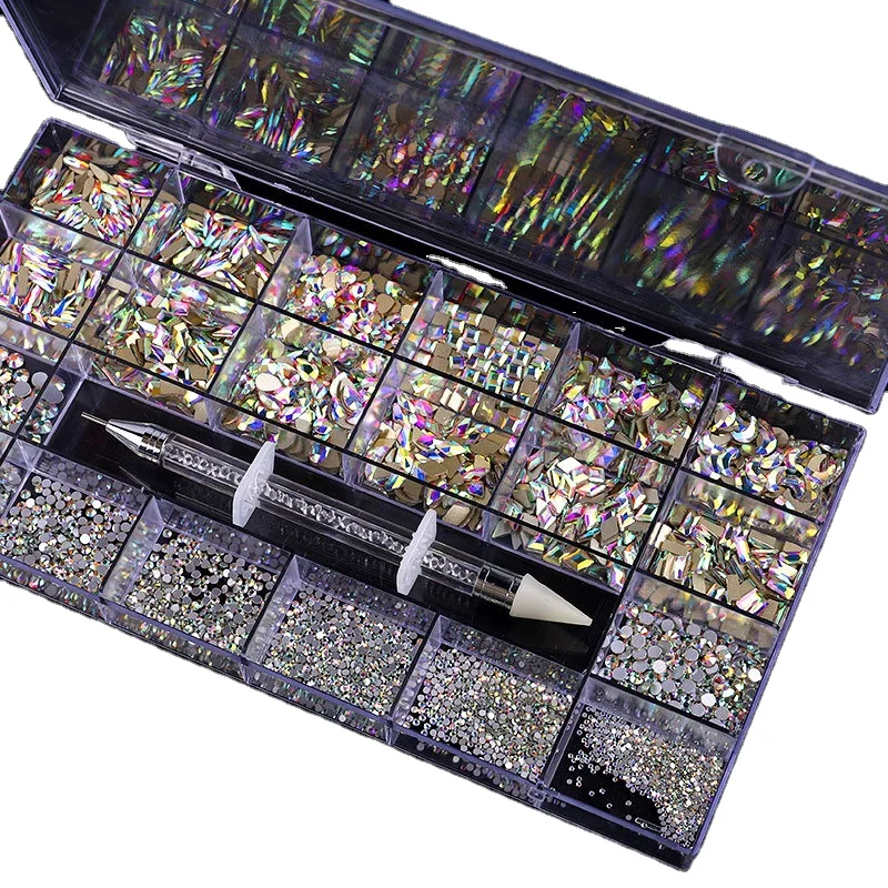 Box Packing 21 Grids Crystal AB Color Decoration 6 Colors Nail Art Rhinestone With Dotting Pen