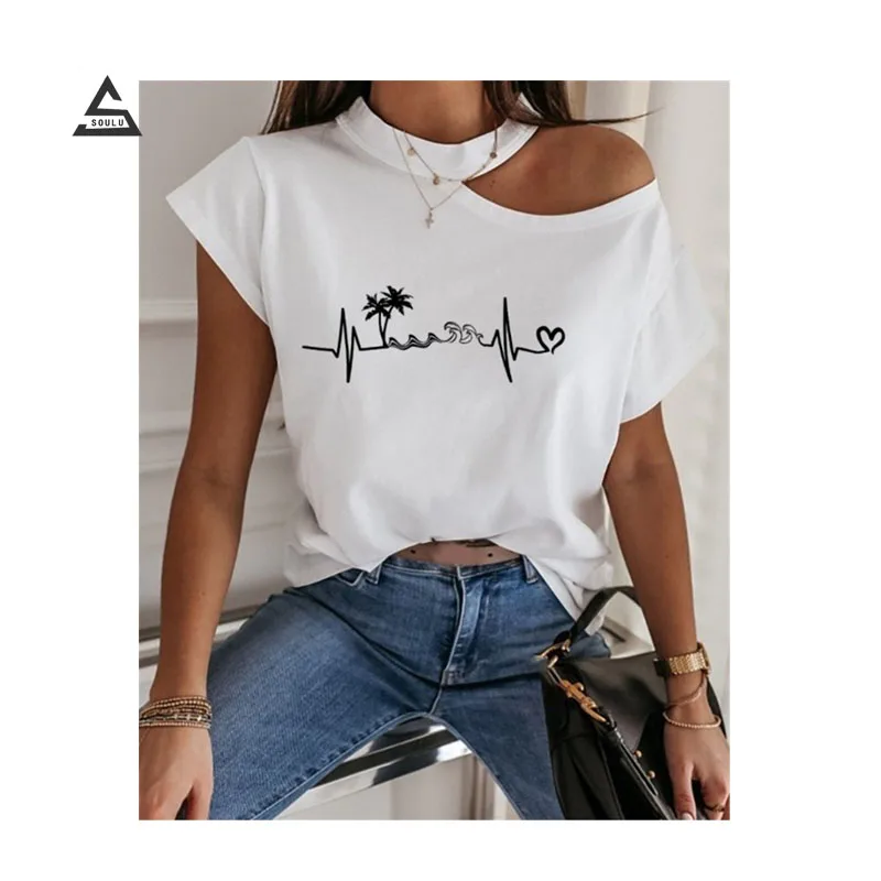 Женская футболка с принтом love, Повседневная футболка с открытыми плечами и коротким рукавом, большие размеры, лето 2021 (1600083327840)