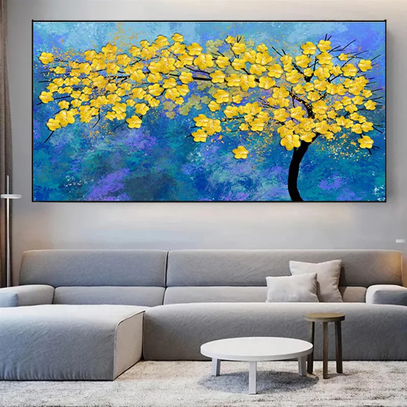 Wooden Framed Painting Mural Abstract Golden Tree Picture Print Art On Canvas Painting Wall Art For Living Room Bedroom