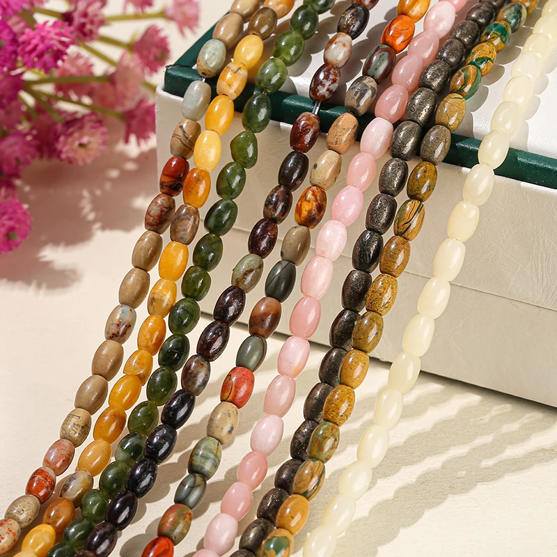 JD GEMS 4x6mm Natural Stone Beads Rice Shape Jade Agate Pyrite Shoushan Stone Opal Loose Spacer Beads for Jewelry Making