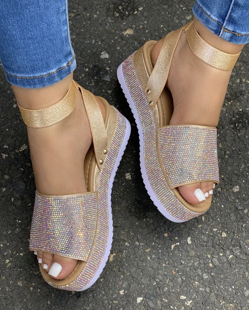LX-220 2021 sequined beaded wide cross strap open toe thick wedge sole high heel ankle strap platform sandals for women