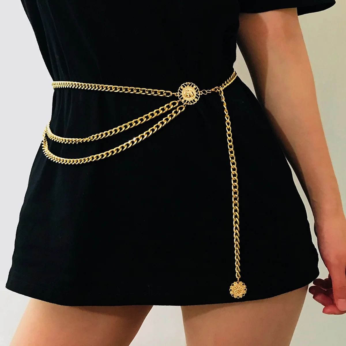 Jurxy Multilayer Golden Waist Belt Pendant Belly Chain Adjustable Body Harness Alloy Waist Chains for Women