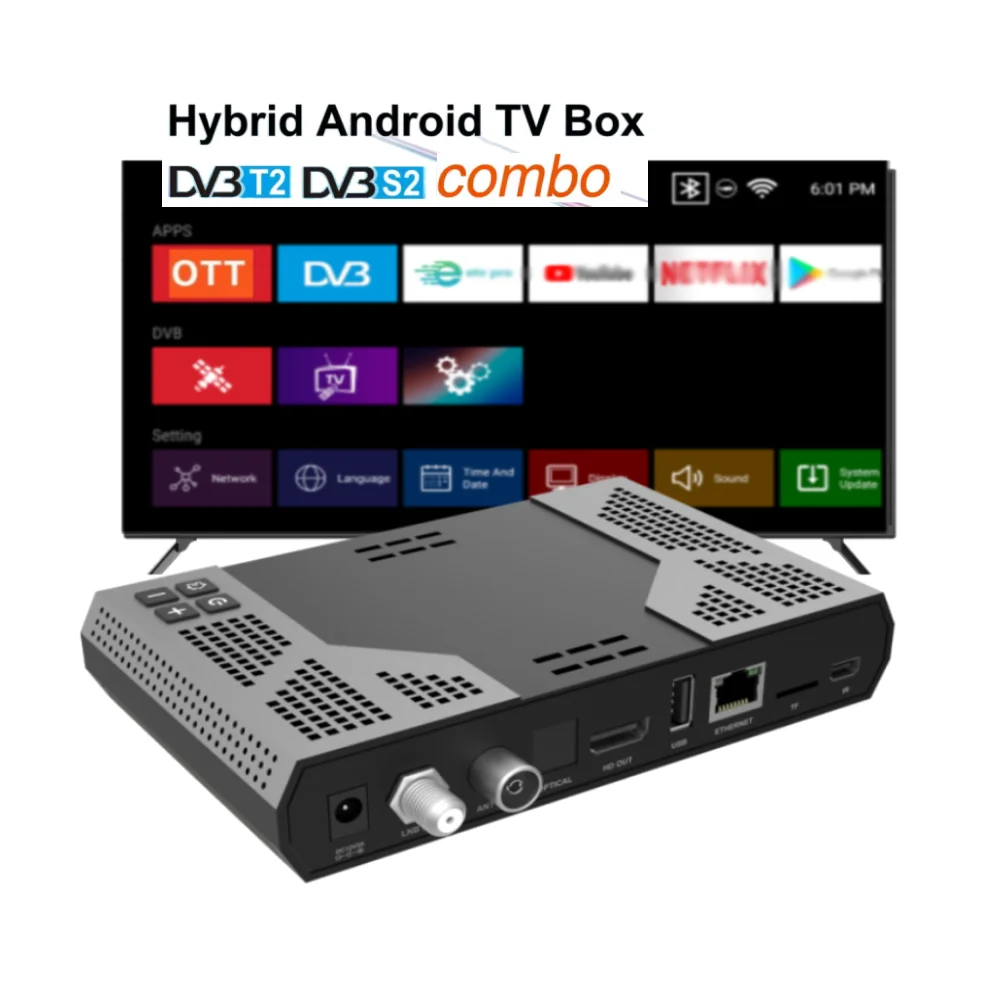 4K Combo Android OTT+DVB-S2+DVB-T2 Hybrid TV Box  FTA Decoder Digital TV Receiver and 2GB 16GB 5G WiFi Streaming TV Set-Top Box