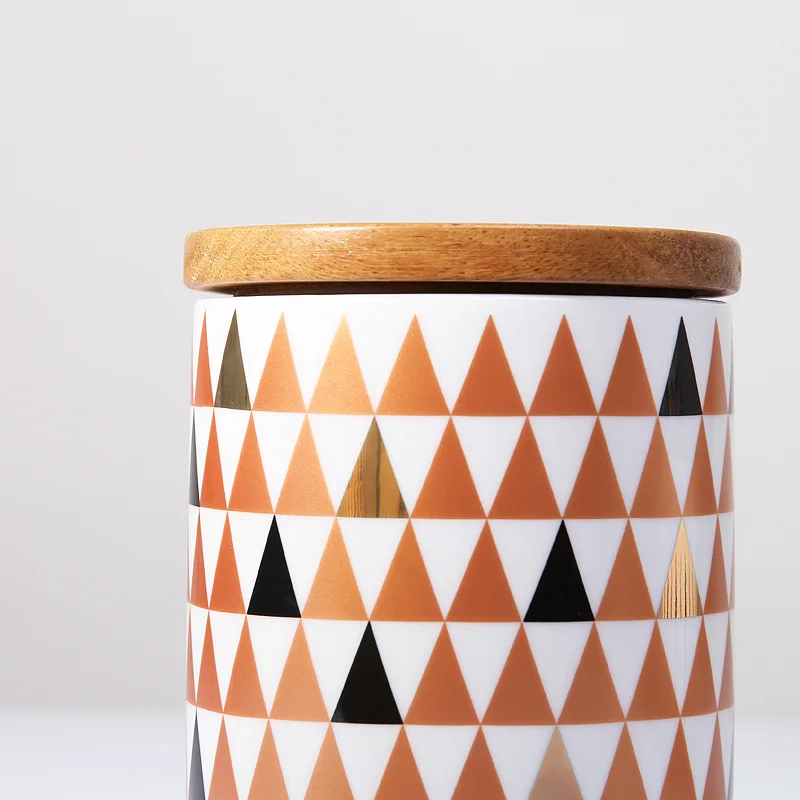 Geometric pattern Porcelain Container Ceramic kitchen Food Storage Jar Wooden Lid Canister Serving Tea Coffee Sugar Canister