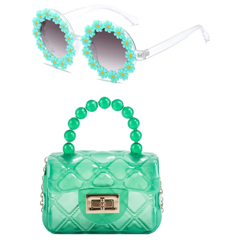 2024 Summer Colorful Candy PVC Little Girls  Mini Purse Kids Jelly Shoulder Bag and kid sunglasses set