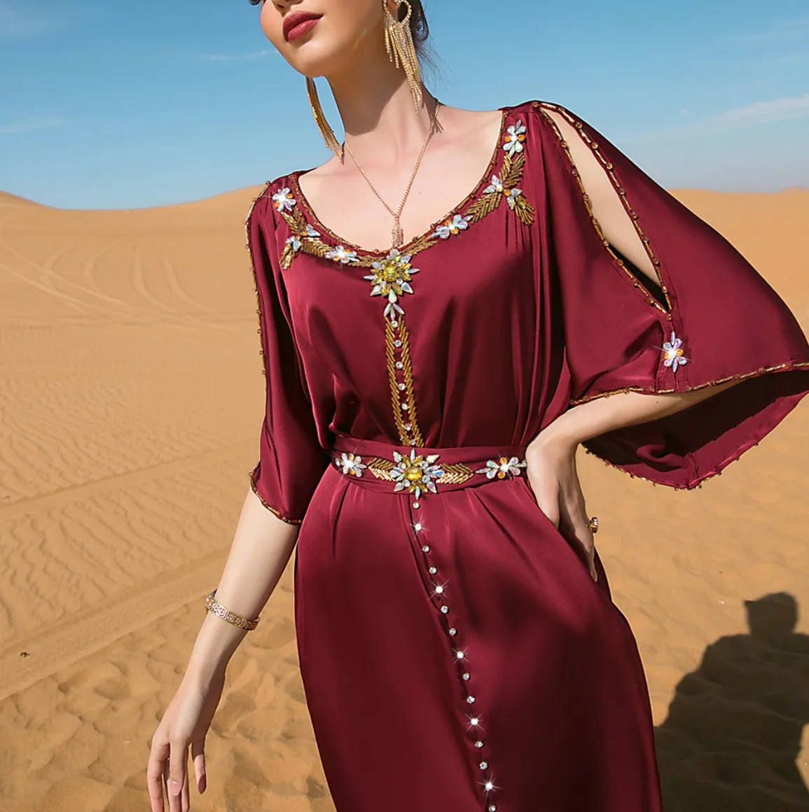 Islamic clothing Muslim long dress handmade heavy diamonds wine red summer arabic short sleeve satin dress abaya for women