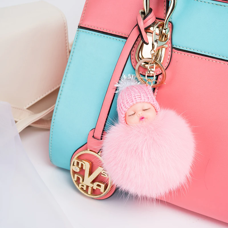 Индивидуальные буфами на рукавах с кроличьим мехом Спящий ребенок помпонами брелок для женщин сумка Шарм украшения