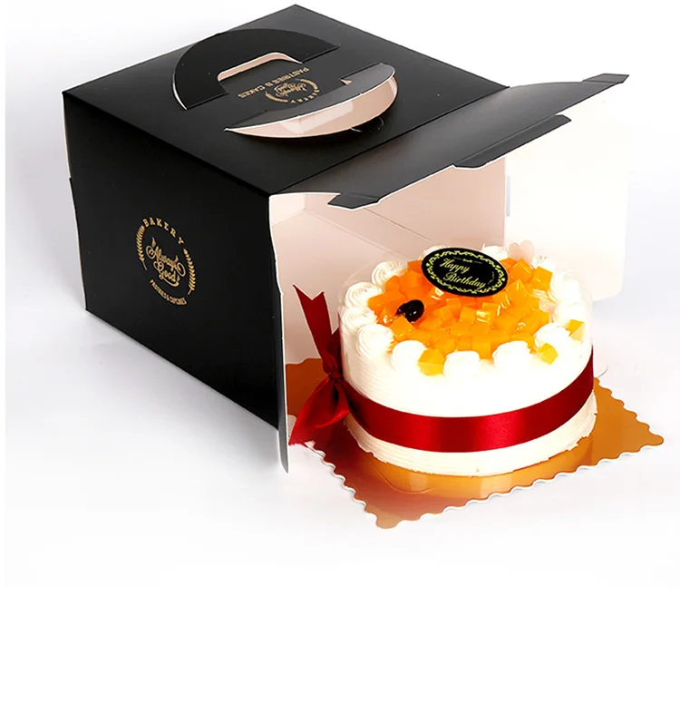 Simple Square Birthday Cake Paper Cake Box Black With Handle Recyclable