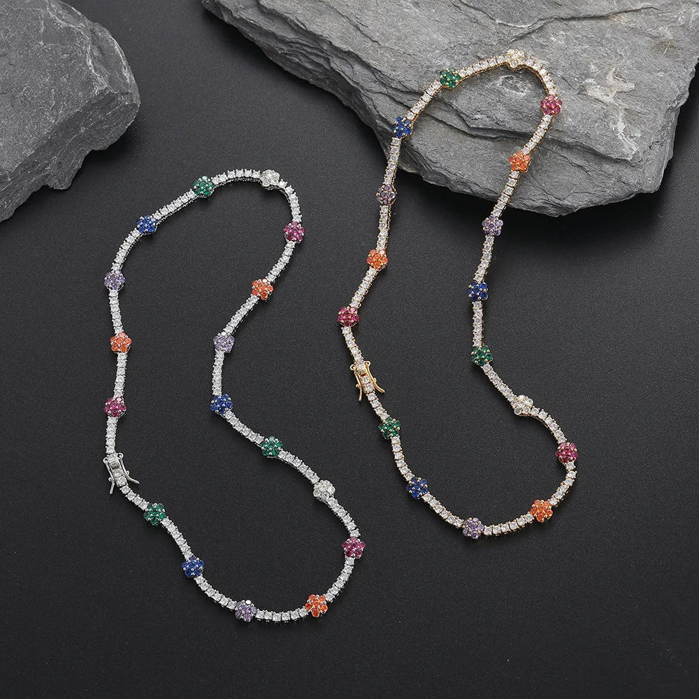 Fashion Jewelry 2023 Colored  Tennis Chain Colored Diamond Flower Shape Floral Tennis Chains  925 Sterling Silver Women Necklace