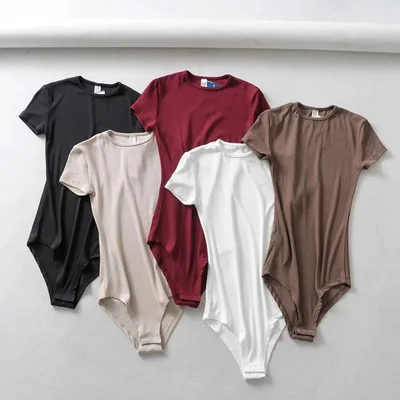 Wholesale cotton short sleeve sexy women bodysuit tops solid tight bodysuits for ladies