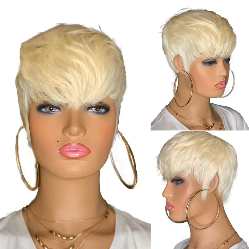 Best Quality 100% Brazilian Virgin Human Hair 613 Lace frontal Wig With Bangs, Wholesale Short Wavy Bob Pixie Cut Wig