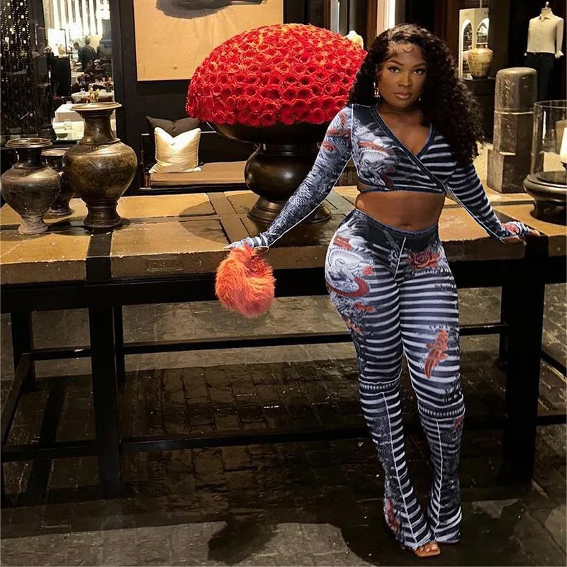 Sharee 2024 Latest Design Hot 2 Piece Pants For Women V Neck Mesh See Through Long Sleeve Crop Tops Print Women Two Piece Set