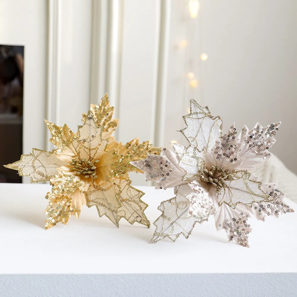 Holiday Xmas Glitter Golden Red Hanging Ornament Artificial Silk Flower Tree Poinsettia for Party Home Decoration