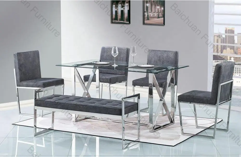 2024 European Italian luxury Stainless Steel glass dining table for dining room furniture 1+4 And 1+6 dining sets