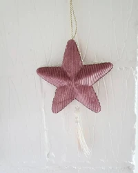 Velvet Hanging Heart and Star Decorations Set in Pink Velvet Tones with Glossy Tassel Hanging on Xmas Tree