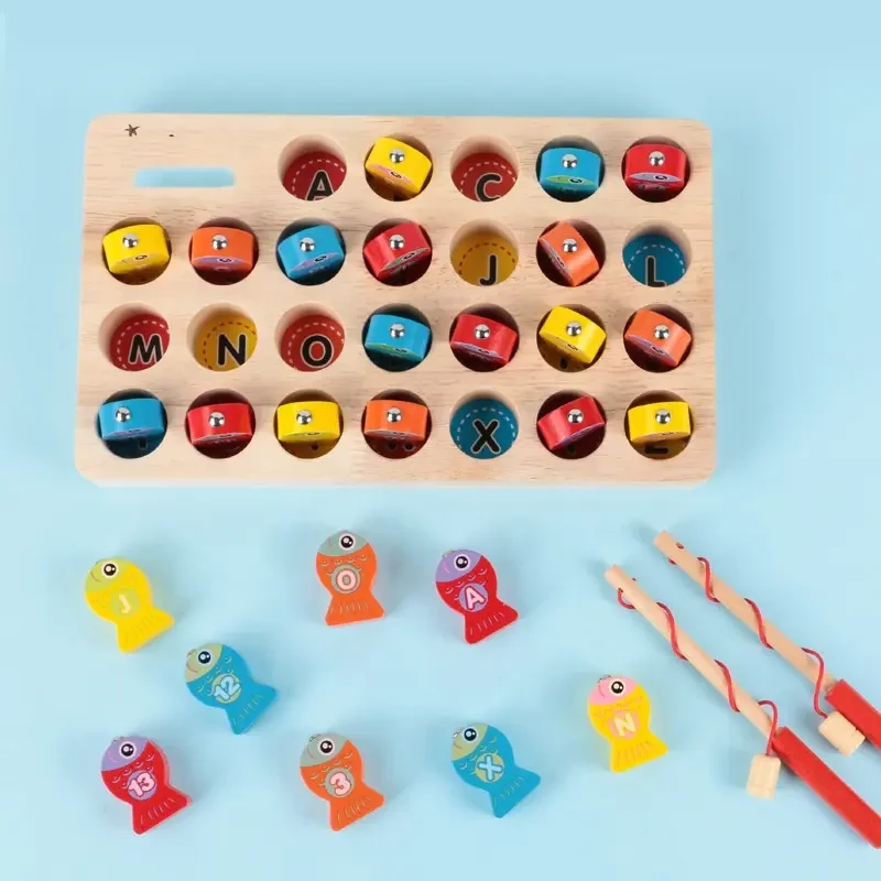 Wooden Magnetic Fishing Game Fine Motor Skill Toy ABC Alphabet Color Sorting Puzzle Montessori Letters Cognition Preschool Gift