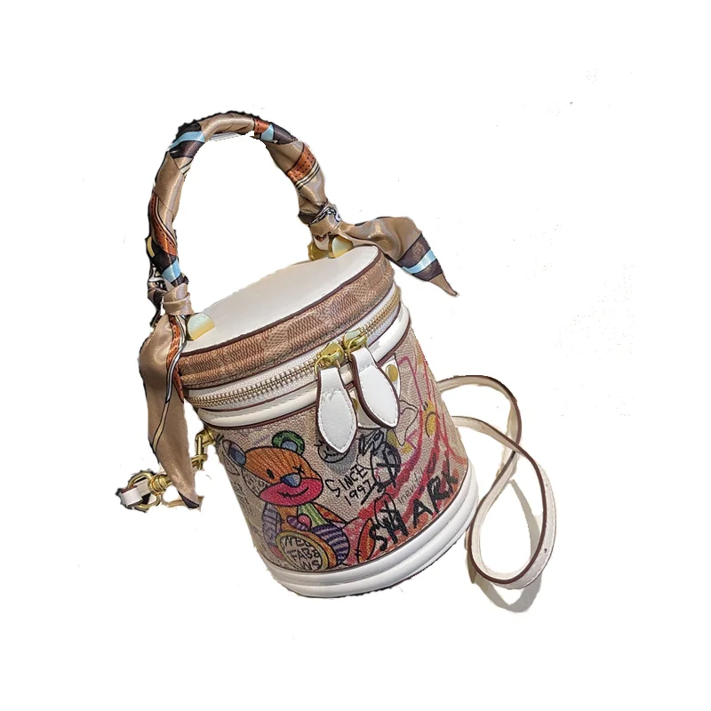 Graffiti bucket bag new niche bear cylinder bag fashion hand bill of lading shoulder cross-body female bag