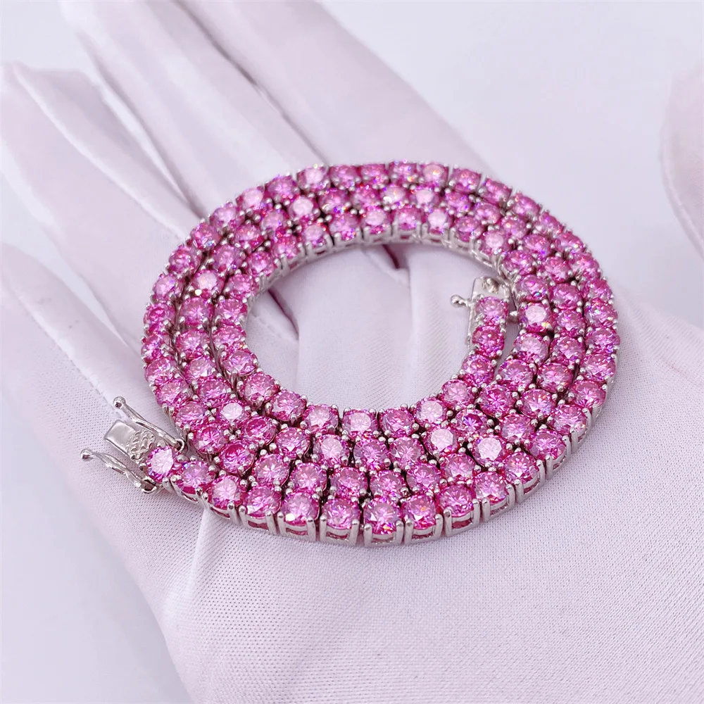 Firstmadam 925 Silver Cuban Hip Hop 4mm Pink Zircon Tennis Chain Necklace