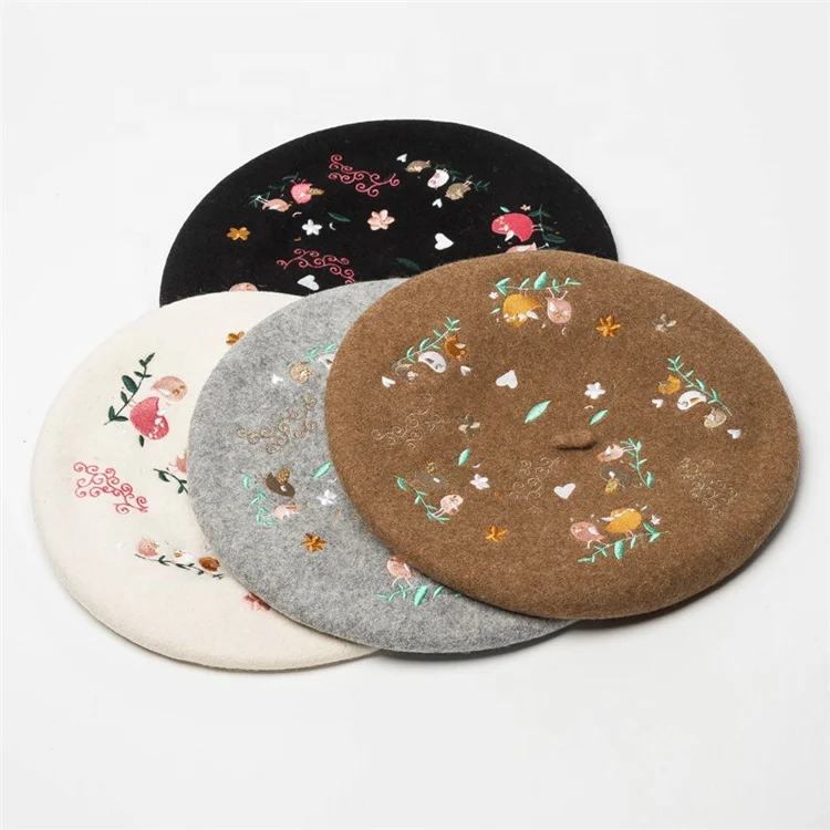 Autumn and winter new bird flower embroidery woolen beret painter hat ladies casual embroidered bud hat (5C68)